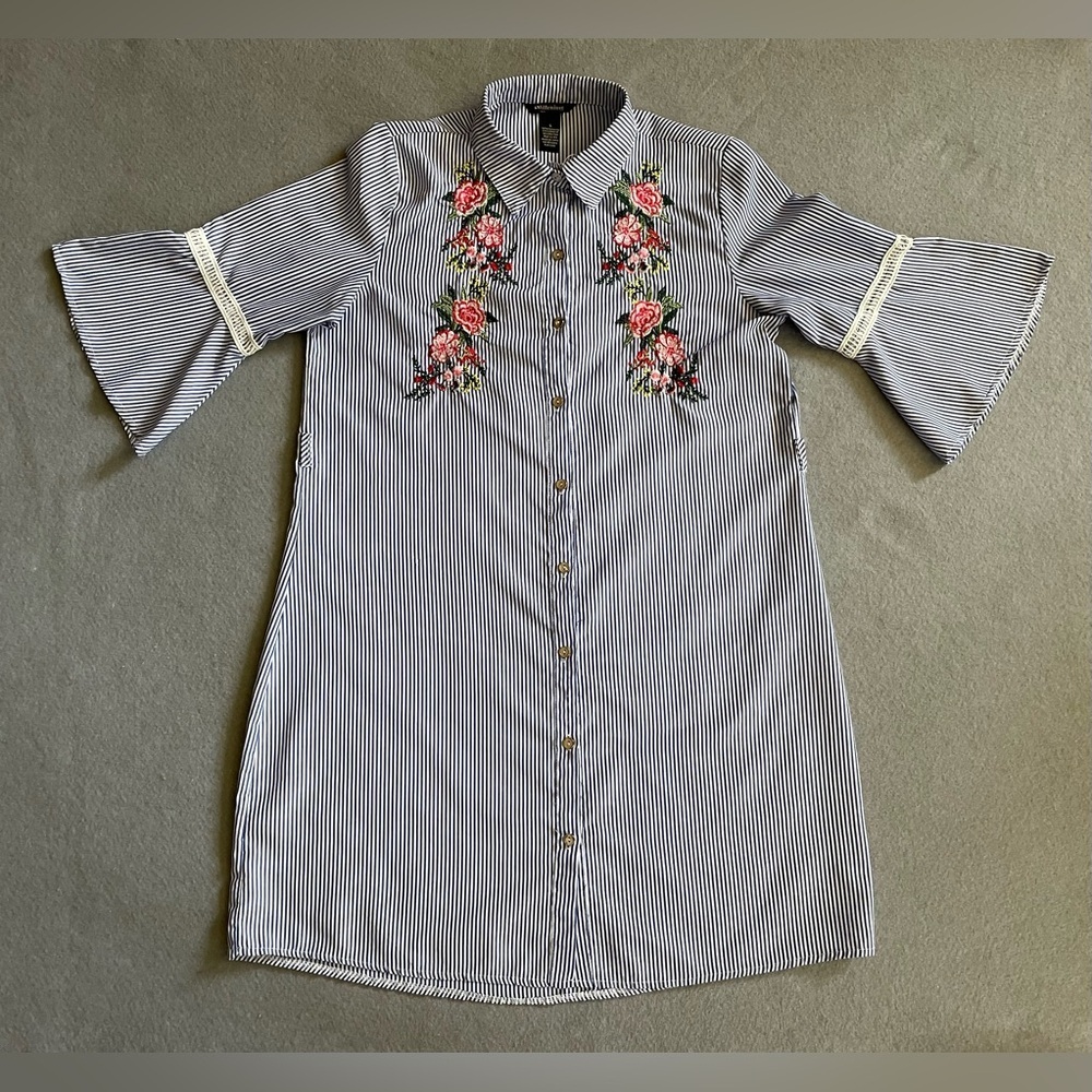 Millenium Shirt Dress Small Blue Striped Floral Embroidered Button Bell Sleeves